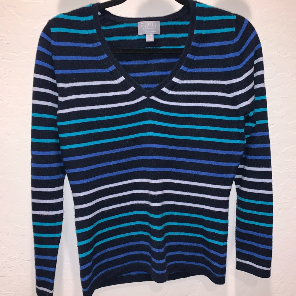 100% Cashmere Blue Striped Pullover Sweater